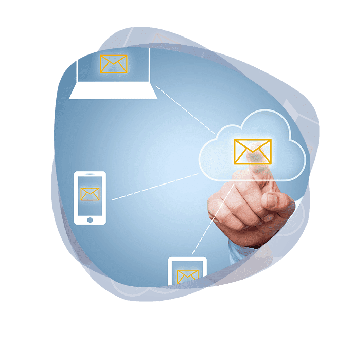 Graphic illustrating connections between email cloud servers and devices like phones, laptops and tablets