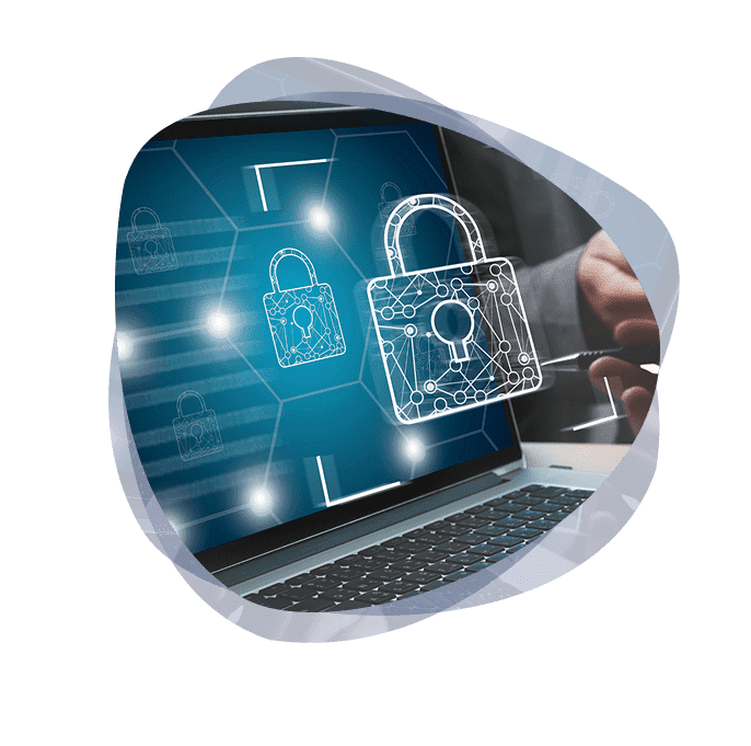 Laptop with blue screen and floating graphic of a lock communicating the concept of cyber network security