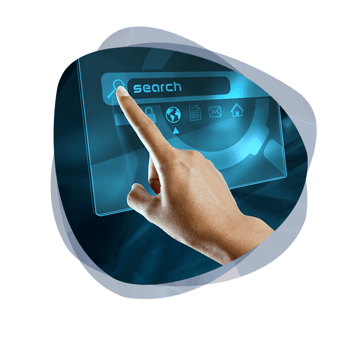 A person using their hand to access a high-tech floating search interface to scan a network for vulnerabilities