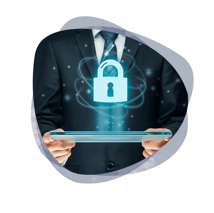 High-tech image of a person holding a tablet with a cybersecurity lock holograph